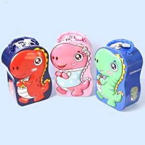 Dinozor Çantalı Ve Kilitli Metal Kumbara, 17x12 - Pembe Pembe