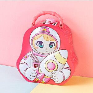 Astronot Çantalı Ve Kilitli Metal Kumbara, Pembe, 15x8-