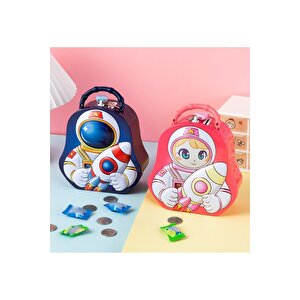 Astronot Çantalı Ve Kilitli Metal Kumbara, Pembe, 15x8-