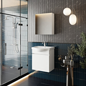 Fulya 50 Cm Mdf Lavabolu Aynalı Banyo Dolabı Seti Seramik Lavabo Dahil Beyaz, Lavabo Sifonu Dahil
