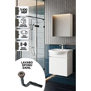 Fulya 50 Cm Mdf Lavabolu Aynalı Banyo Dolabı Seti Seramik Lavabo Dahil Beyaz, Lavabo Sifonu Dahil