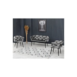 Balon Çay Seti Koltuk Takımı Oturma Odası Kafe Antre Hol Ofis 2+1+1 Siyah Metal Gri