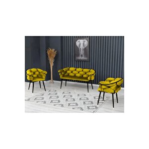 Balon Çay Seti Koltuk Takımı Oturma Odası Kafe Antre Hol Ofis 2+1+1 Siyah Metal Hardal
