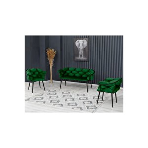 Balon Çay Seti Koltuk Takımı Oturma Odası Kafe Antre Hol Ofis 2+1+1 Siyah Metal Yeşil