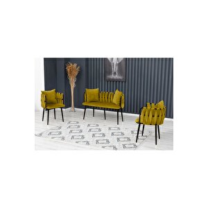 Sarmaşık Çay Seti Takımı Koltuk Takımı Oturma Odası Kafe Antre Hol Ofis 2+1+1 Siyah Metal Hardal