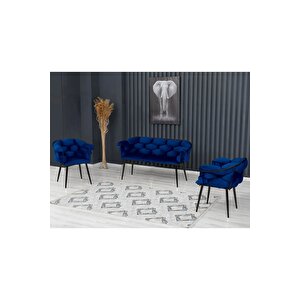 Balon Çay Seti Koltuk Takımı Oturma Odası Kafe Antre Hol Ofis 2+1+1 Siyah Metal Lacivert