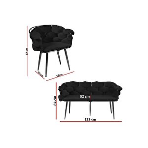 Balon Çay Seti Koltuk Takımı Oturma Odası Kafe Antre Hol Ofis 2+1+1 Siyah Metal