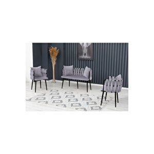 Sarmaşık Çay Seti Takımı Koltuk Takımı Oturma Odası Kafe Antre Hol Ofis 2+1+1 Siyah Metal Gri