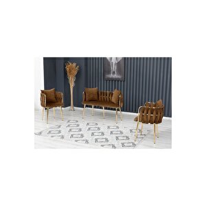 Sarmaşık Çay Seti Takımı Koltuk Takımı Oturma Odası Kafe Antre Hol Ofis 2+1+1 Gold Metal Gri