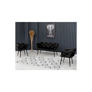 Balon Çay Seti Koltuk Takımı Oturma Odası Kafe Antre Hol Ofis 2+1+1 Siyah Metal Siyah