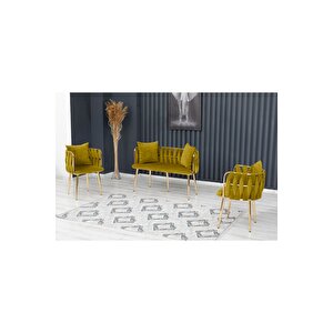 Sarmaşık Çay Seti Takımı Koltuk Takımı Oturma Odası Kafe Antre Hol Ofis 2+1+1 Gold Metal Yeşil