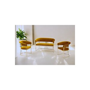 Rio Çay Seti Takımı Koltuk Takımı Oturma Odası Kafe Antre Hol Ofis 2+1+1 Gold Metal Hardal