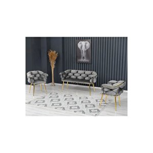 Balon Çay Seti Koltuk Takımı Oturma Odası Kafe Antre Hol Ofis 2+1+1 Gold Metal Gri