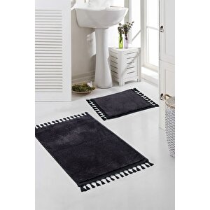 Vl Yıkanabilir Premium Ponpon Saçaklı Kaymaz Taban Post Peluş Banyo Paspası 2'li Takım Siyah Siyah