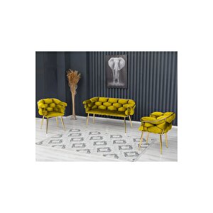 Balon Çay Seti Koltuk Takımı Oturma Odası Kafe Antre Hol Ofis 2+1+1 Gold Metal Hardal