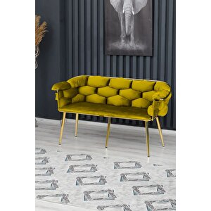 Balon Çay Seti Koltuk Takımı Oturma Odası Kafe Antre Hol Ofis 2+1+1 Gold Metal Hardal