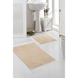Vl Yıkanabilir Premium Beyaz Ponpon Saçaklı Kaymaz Taban Post Peluş Banyo Paspası 2'li Takım Vizon Vizon - Kayın