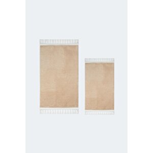 Vl Yıkanabilir Premium Beyaz Ponpon Saçaklı Kaymaz Taban Post Peluş Banyo Paspası 2'li Takım Vizon