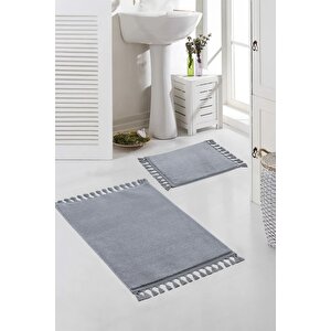 Vl Yıkanabilir Premium Ponpon Saçaklı Kaymaz Taban Post Peluş Banyo Paspası 2'li Takım Gri Gri