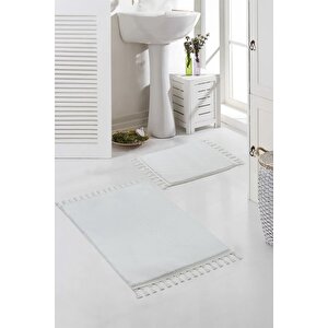Vl Yıkanabilir Premium Ponpon Saçaklı Kaymaz Taban Post Peluş Banyo Paspası 2'li Takım Beyaz Beyaz