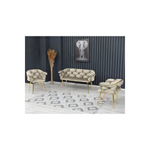 Balon Çay Seti Koltuk Takımı Oturma Odası Kafe Antre Hol Ofis 2+1+1 Gold Metal Krem