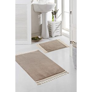 Vl Yıkanabilir Premium Ponpon Saçaklı Kaymaz Taban Post Peluş Banyo Paspası 2'li Takım Kahverengi Kahveregi
