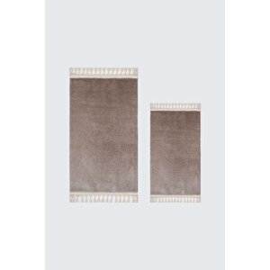 Vl Yıkanabilir Premium Ponpon Saçaklı Kaymaz Taban Post Peluş Banyo Paspası 2'li Takım Kahverengi
