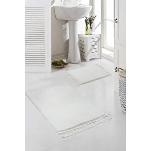 Vl Yıkanabilir Premium Ponpon Saçaklı Kaymaz Taban Post Peluş Banyo Paspası 2'li Takım Ekru Ekru