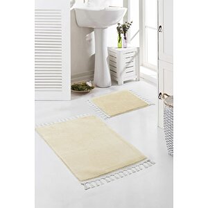 Vl Yıkanabilir Premium Ponpon Saçaklı Kaymaz Taban Post Peluş Banyo Paspası 2'li Takım Bej Bej