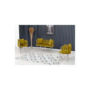 Sarmaşık Çay Seti Takımı Koltuk Takımı Oturma Odası Kafe Antre Hol Ofis 2+1+1 Krom Metal Hardal