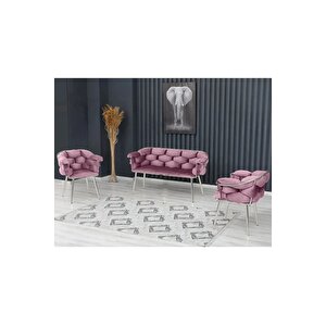 Balon Çay Seti Koltuk Takımı Oturma Odası Kafe Antre Hol Ofis 2+1+1 Krom Metal Pudra