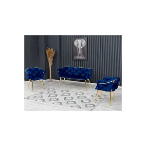 Balon Çay Seti Koltuk Takımı Oturma Odası Kafe Antre Hol Ofis 2+1+1 Gold Metal Lacivert