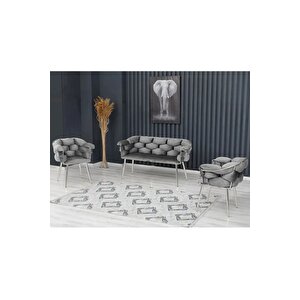 Balon Çay Seti Koltuk Takımı Oturma Odası Kafe Antre Hol Ofis 2+1+1 Krom Metal Gri