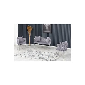 Sarmaşık Çay Seti Takımı Koltuk Takımı Oturma Odası Kafe Antre Hol Ofis 2+1+1 Krom Metal Gri