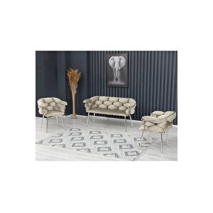 Balon Çay Seti Koltuk Takımı Oturma Odası Kafe Antre Hol Ofis 2+1+1 Krom Metal Krem