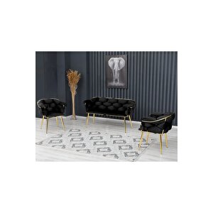 Balon Çay Seti Koltuk Takımı Oturma Odası Kafe Antre Hol Ofis 2+1+1 Gold Metal Siyah