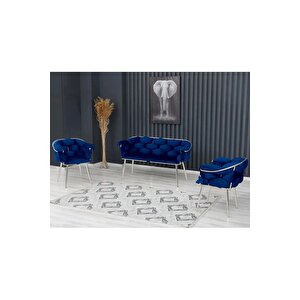 Balon Çay Seti Koltuk Takımı Oturma Odası Kafe Antre Hol Ofis 2+1+1 Krom Metal Lacivert