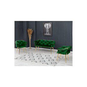 Balon Çay Seti Koltuk Takımı Oturma Odası Kafe Antre Hol Ofis 2+1+1 Gold Metal Yeşil