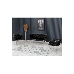 Balon Çay Seti Koltuk Takımı Oturma Odası Kafe Antre Hol Ofis 2+1+1 Krom Metal Siyah
