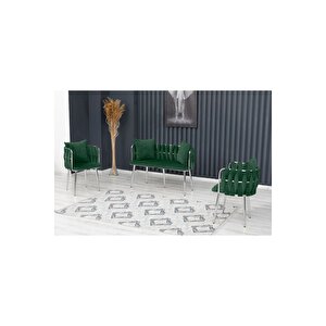 Sarmaşık Çay Seti Takımı Koltuk Takımı Oturma Odası Kafe Antre Hol Ofis 2+1+1 Krom Metal Yeşil