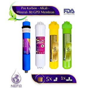 Nefa Tüm Arıtma Cihazlarına Uyumlu Post Karbon - Alkali - Mineral-80 Gpd Membran 4'lü Su Arıtma Filtresi
