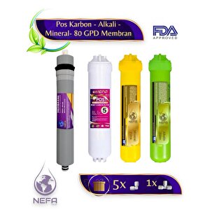 Nefa Tüm Arıtma Cihazlarına Uyumlu Post Karbon - Alkali - Mineral-80 Gpd Membran 4'lü Su Arıtma Filtresi