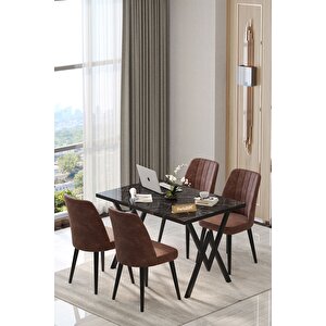 Pia 70x120 Siyah Mutfak Masası, Masa Sandalye Takımı, Masa Takımı, 4 Kahverengi Sandalye Kahverengi