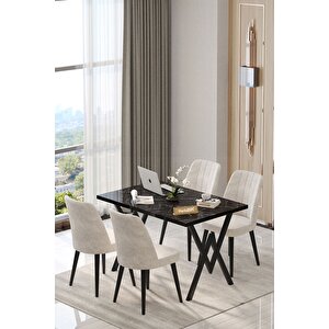 Pia 70x120 Siyah Mutfak Masası, Masa Sandalye Takımı, Masa Takımı, 4 Krem Sandalye Krem