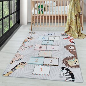 Oyun Halısı Seksek Ve Sevimli Hayvanlar Çocuk Bebek Odası Eğitici Oyun Halısı Gri Tonlarda Yıkanabilir Kaymaz Taban 120x160 cm
