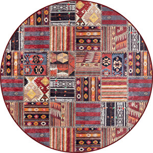 Pamuk Kaymaz Taban Yıkanılabilir Yuvarlak Renkli Salon Halısı Mutfak Halısı Yk133 180x180 cm