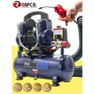 Rapco 8 Litre Yağsız Süper Hızlı Dolum Sessiz Hava Kompresörü 8 Metre Hortum Tabanca