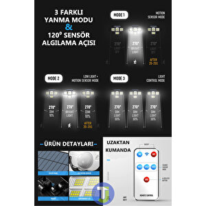 Güneş Enerjili Kumandalı Hareket Sensörlü Solar Bahçe Aydınlatma Ve Sokak Lambası 198 Led