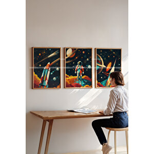 Uzay Keşfi Temalı 3'lü Ahşap Tablo Seti - 21x30