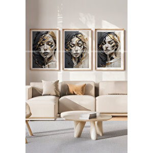 Altın Dokunuşlu Modern Portre Temalı 3'lü Ahşap Çerçeveli Tablo Seti - 21x30